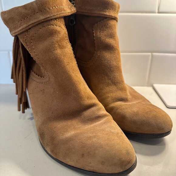 Sam Edelman Louie Ankle Boots Womens Size 7.5 M Brown Tan Suede Fringe Trim Zip - Picture 2 of 13